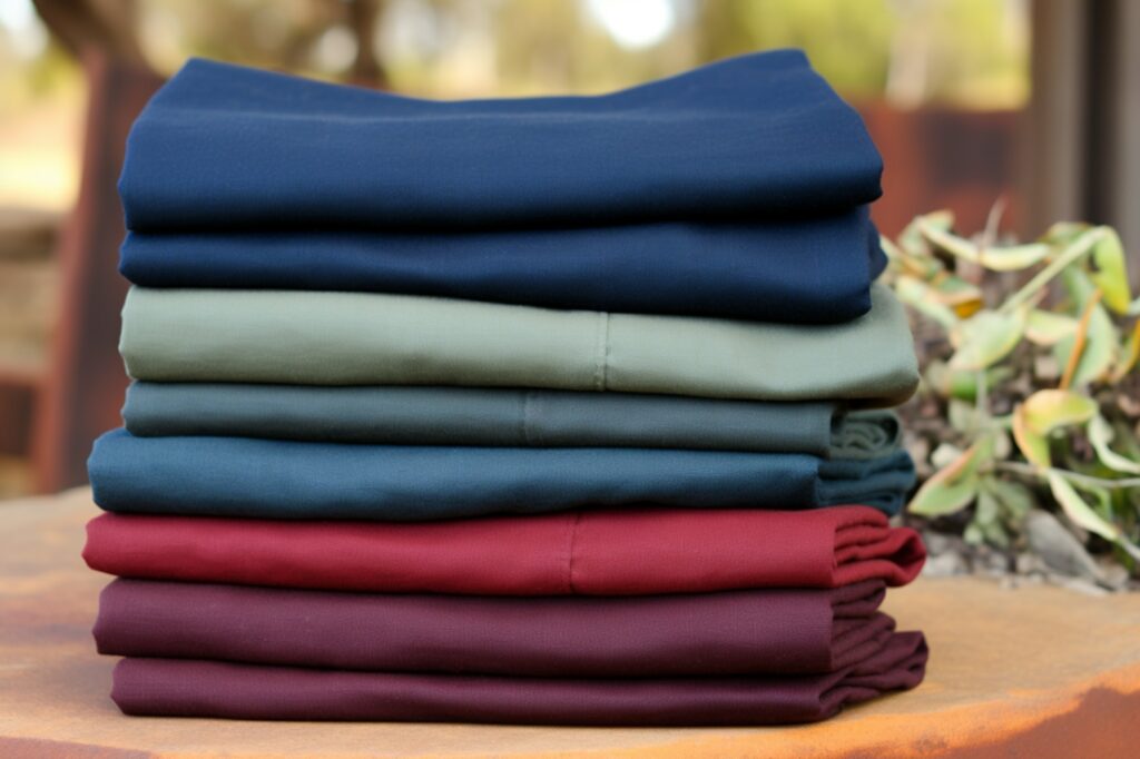 Stack of folded linens in navy blue, green, teal, red, and maroon on a wooden surface with greenery in the background.