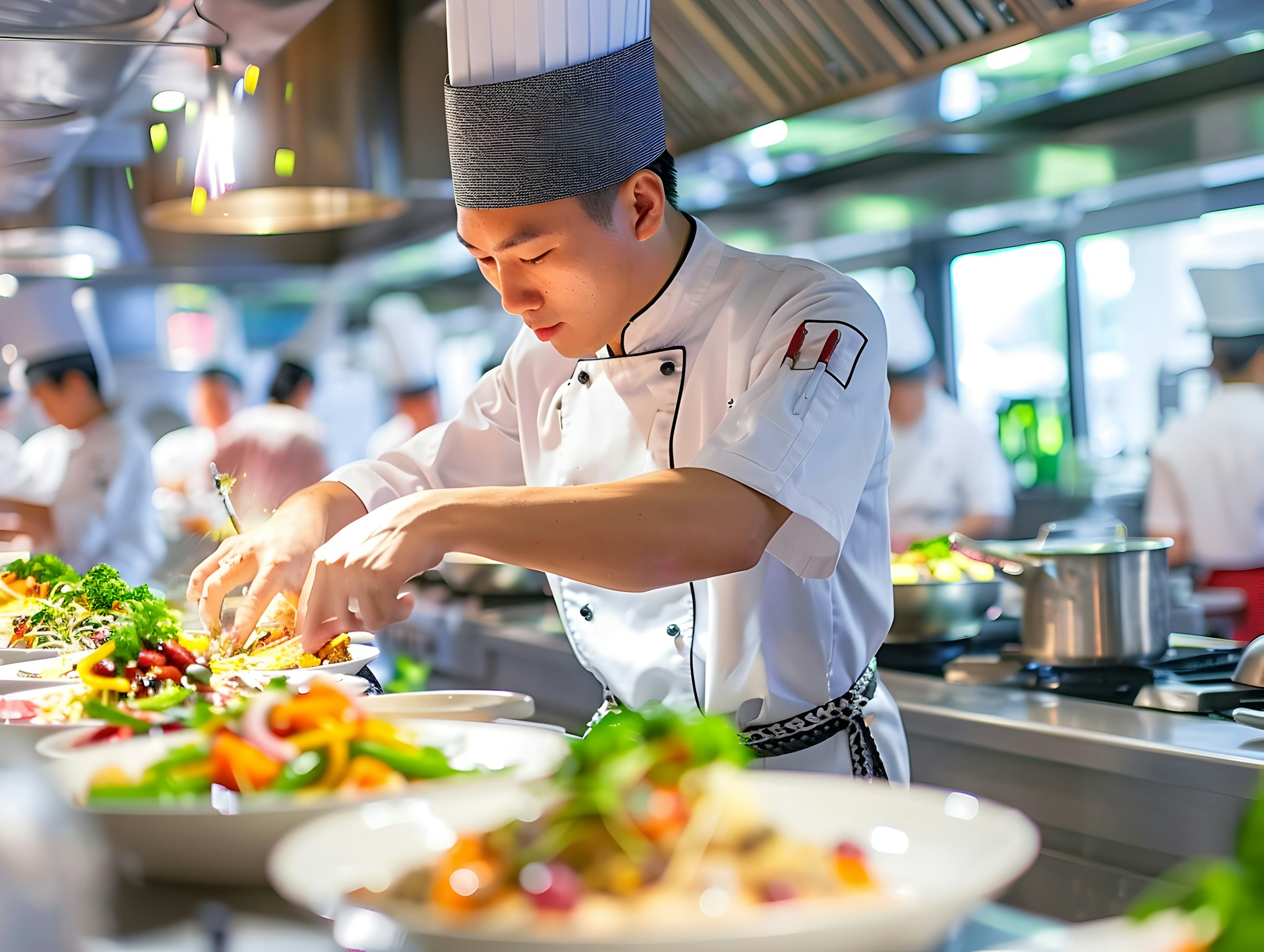 Chef in a clean white uniform and gray hat carefully plating dishes in a busy professional kitchen.