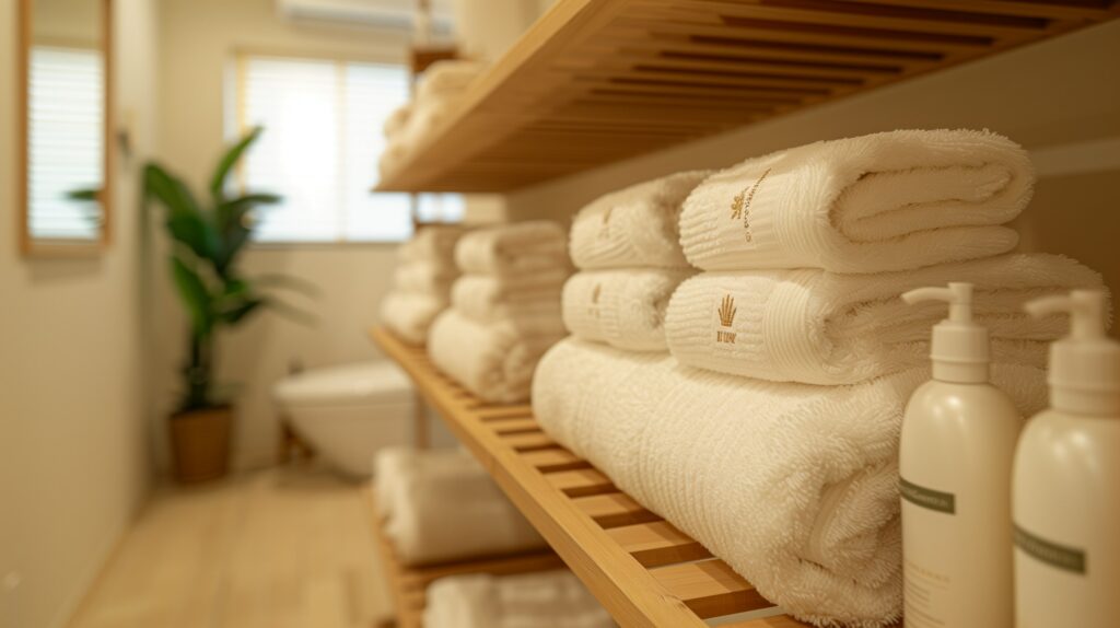 Neatly folded white towels stacked on wooden shelves in a well-lit bathroom with a plant and a mirror in the background.