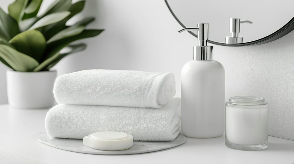 Stack of fresh white towels with soap and lotion on a clean countertop, complemented by a small potted plant and a round mirror.