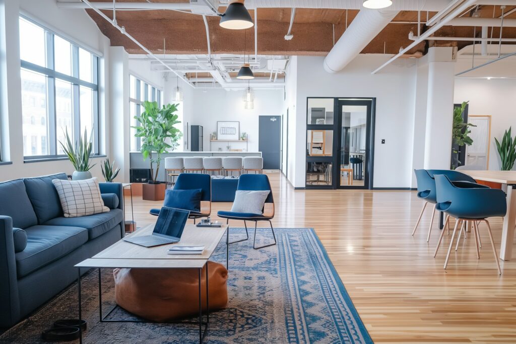 Contemporary office space with blue chairs, wooden floors, a coffee table, and large windows providing natural light.