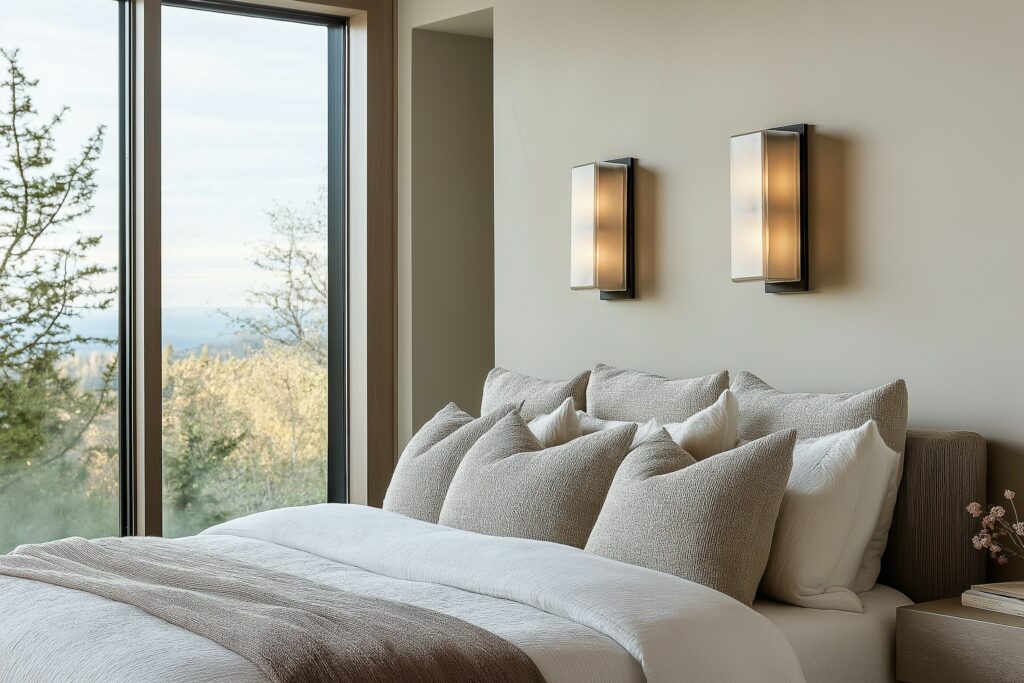 Cozy bedroom with a neatly made bed, multiple pillows, warm lighting, and large windows offering a view of trees and the outdoors.