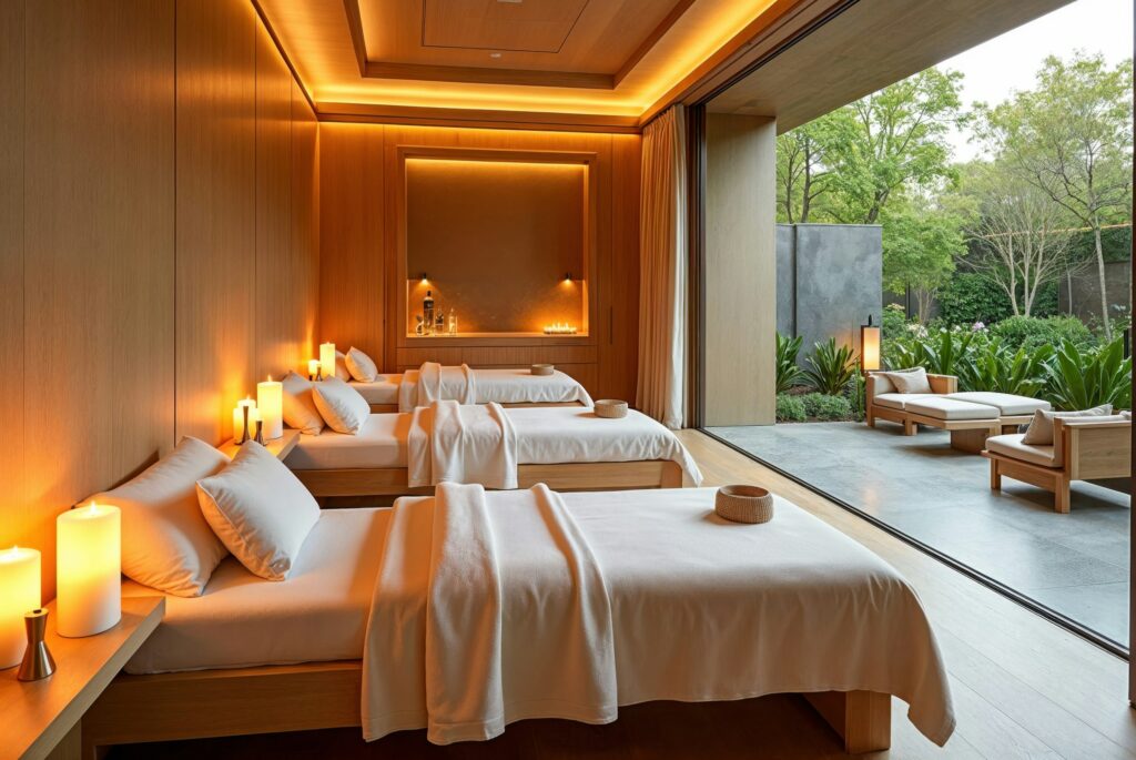 Luxurious spa room with neatly made beds, warm lighting, and an open view of a garden through large glass doors.