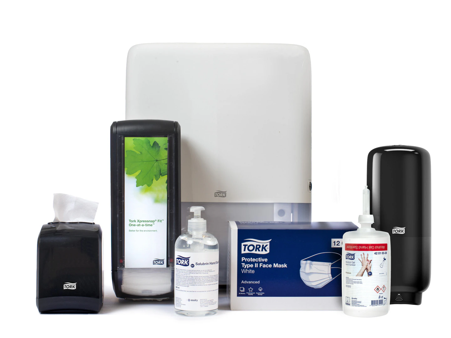 Assortment of hygiene and cleaning products, including tissue dispensers, hand sanitizers, a box of protective face masks, and a soap dispenser, displayed on a white background.