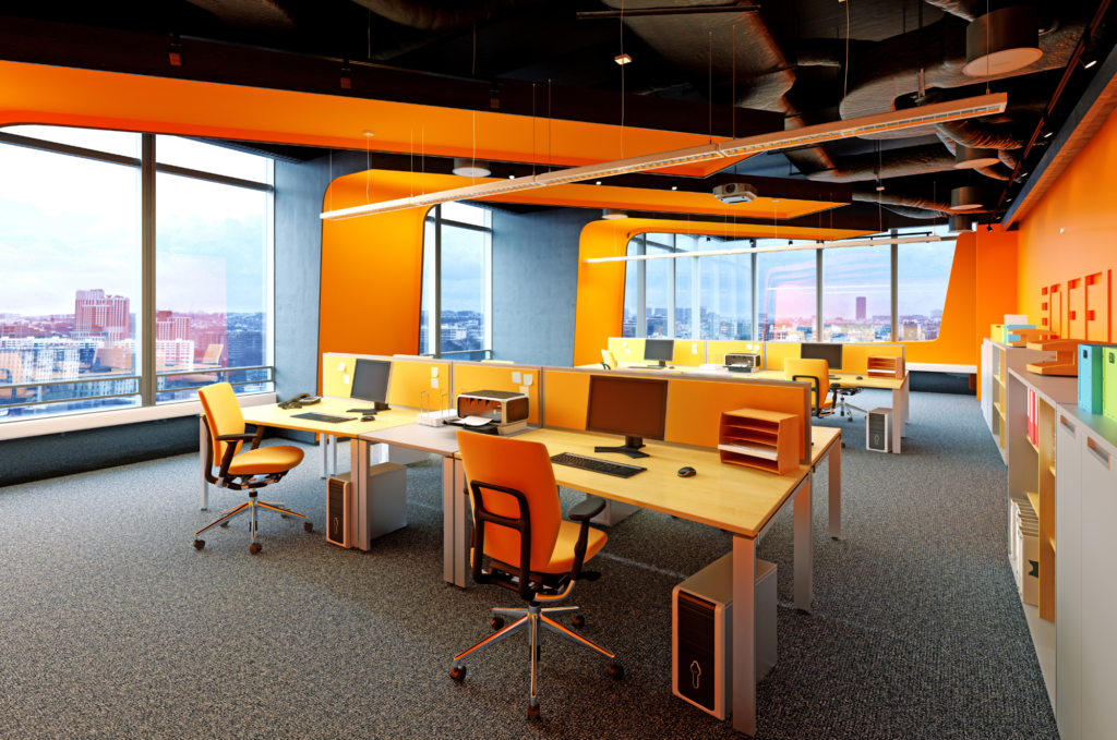 Bright and modern office space with orange walls, large windows offering a city view, and neatly arranged desks with ergonomic chairs.