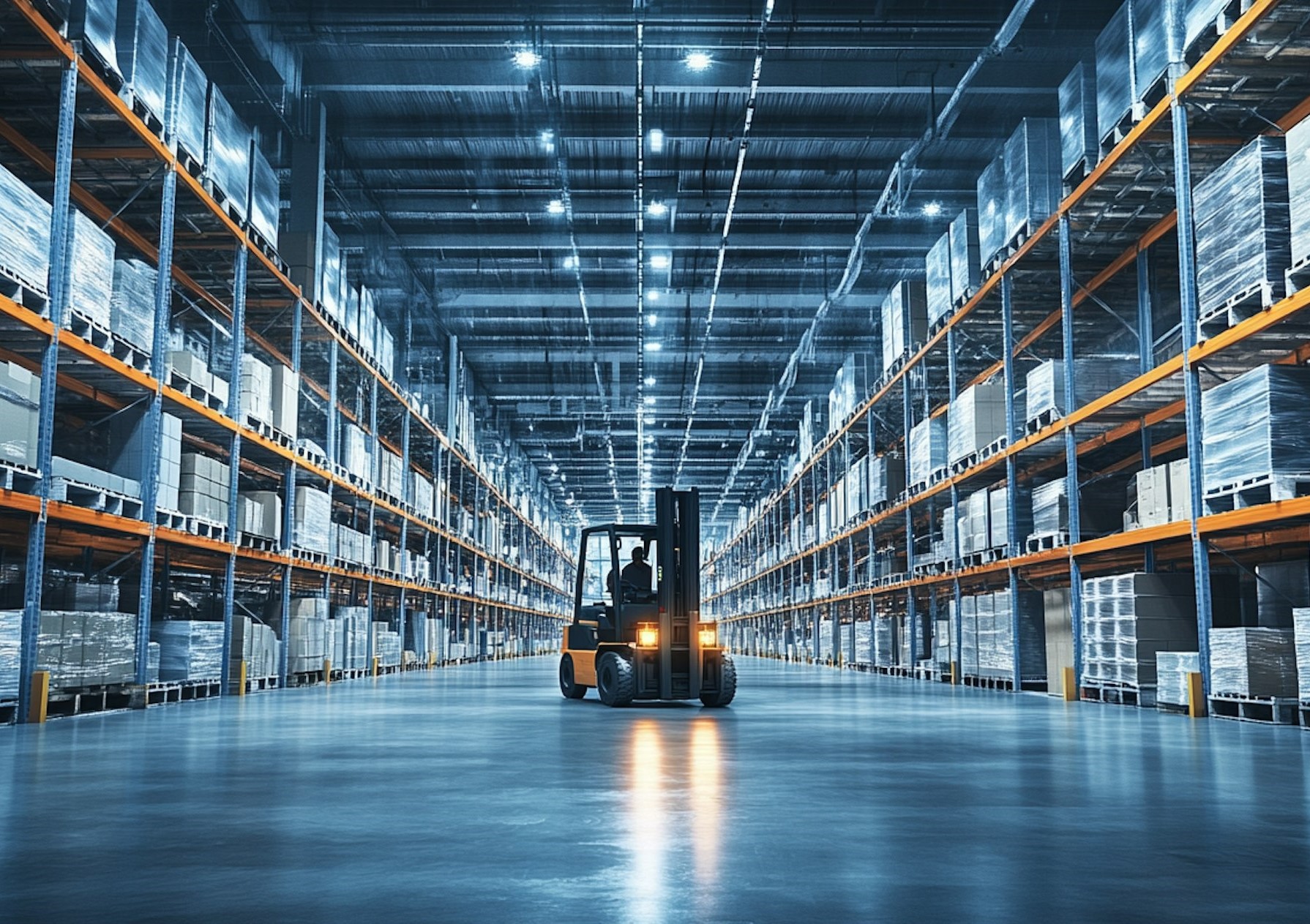 Industrial Warehouse Interior with Worker on Forklift