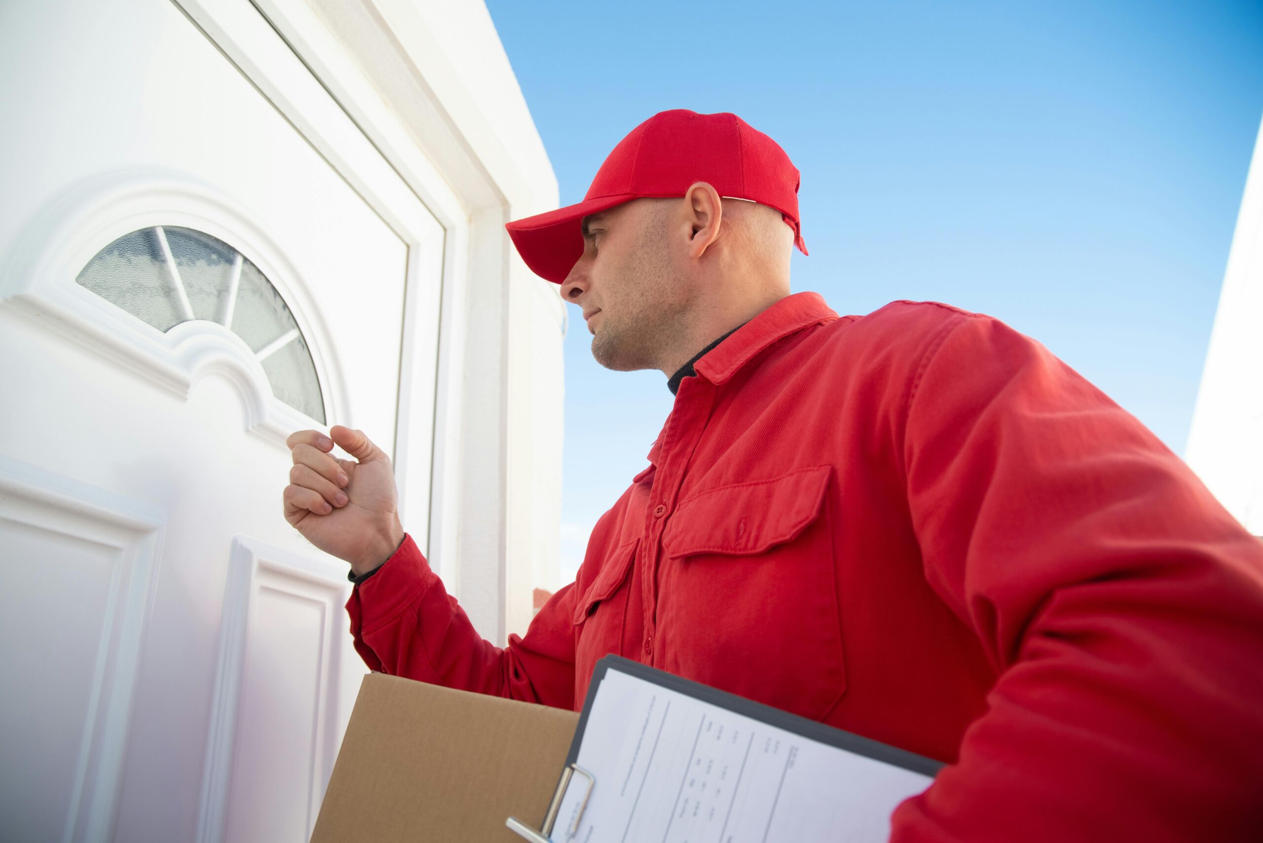 Delivery person in a red uniform knocking on a white door while holding a clipboard and a package.